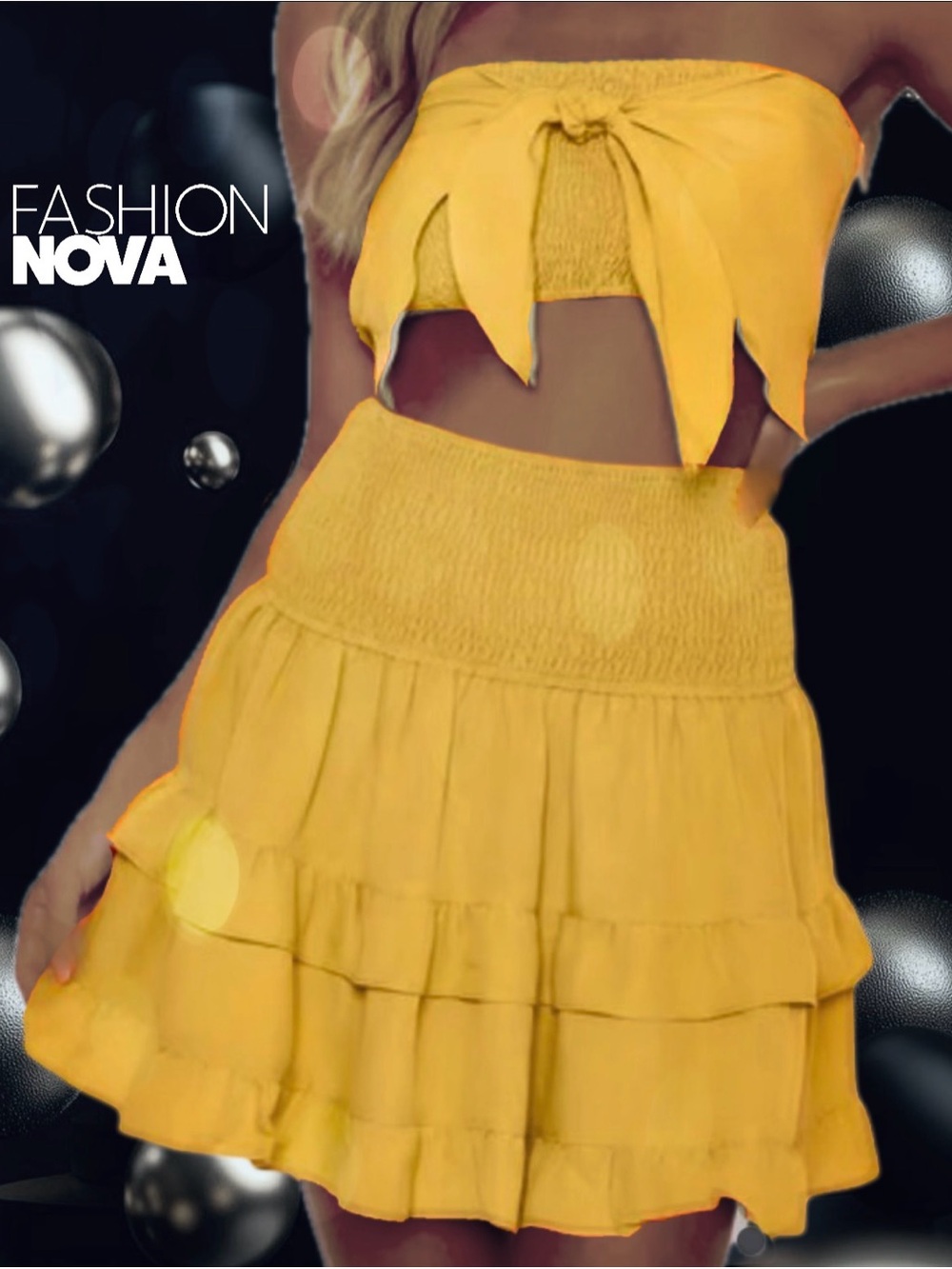 Fashion Nova “Think about You” Yellow Tiered Smocked Skirt Set
